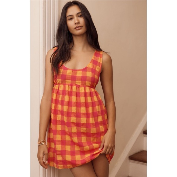 Anthropologie Dresses & Skirts - ANTHROPOLOGIE New Apron Mini Nap Dress MEDIUM Check Picnic Plaid Orange Tie